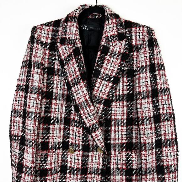 Zara Blogger Black Red Tweed Plaid Double Breasted Blazer. - Picture 8 of 16